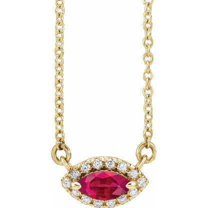 14K White Lab-Grown Ruby & .05 CTW Natural Diamond Halo-Style 16" Necklace