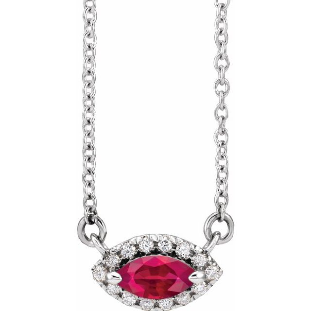 14K White Lab-Grown Ruby & .05 CTW Natural Diamond Halo-Style 16" Necklace
