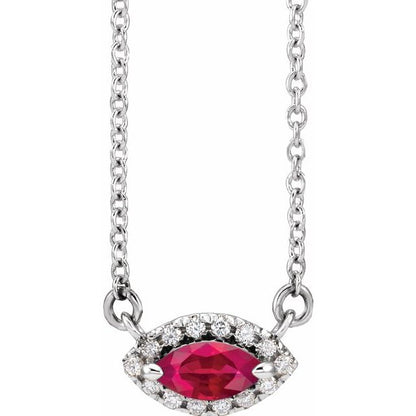 14K White Lab-Grown Ruby & .05 CTW Natural Diamond Halo-Style 16" Necklace