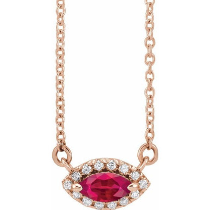 14K White Lab-Grown Ruby & .05 CTW Natural Diamond Halo-Style 16" Necklace
