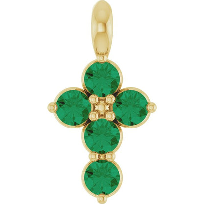 14K White Lab-Grown Emerald Cross Pendant