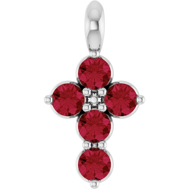 14K White Lab-Grown Ruby Cross Pendant