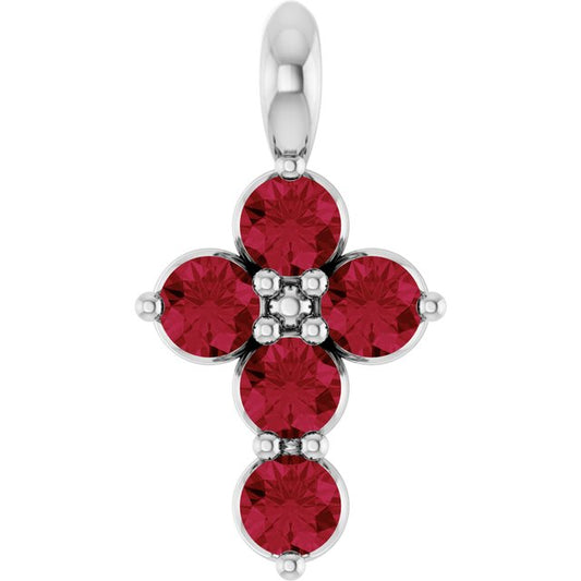 14K White Lab-Grown Ruby Cross Pendant
