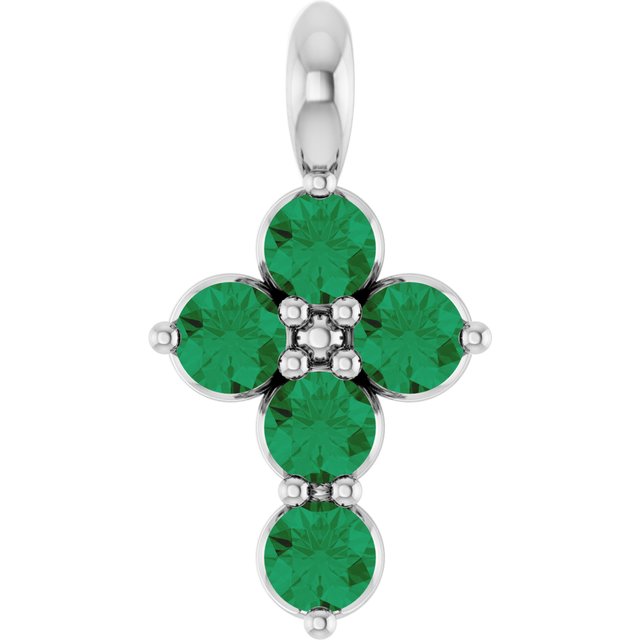 14K White Lab-Grown Emerald Cross Pendant