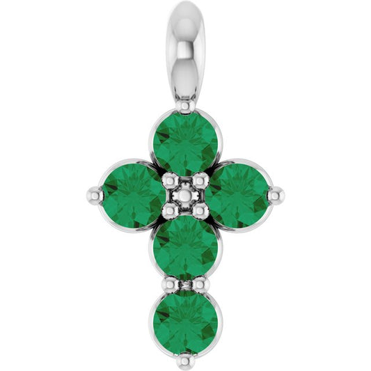 14K White Lab-Grown Emerald Cross Pendant