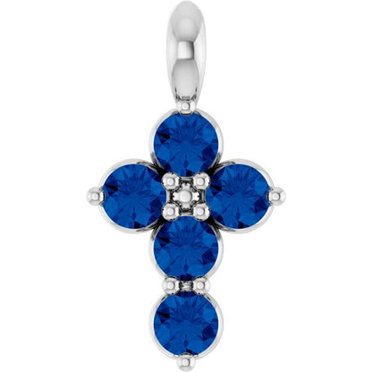 14K White Lab-Grown Blue Sapphire Cross Pendant