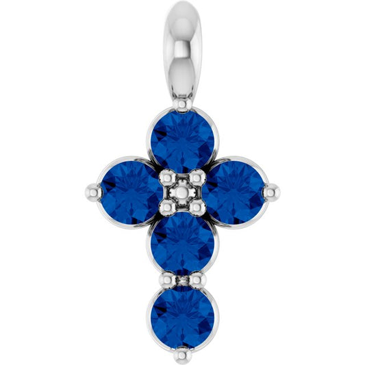 14K White Lab-Grown Blue Sapphire Cross Pendant