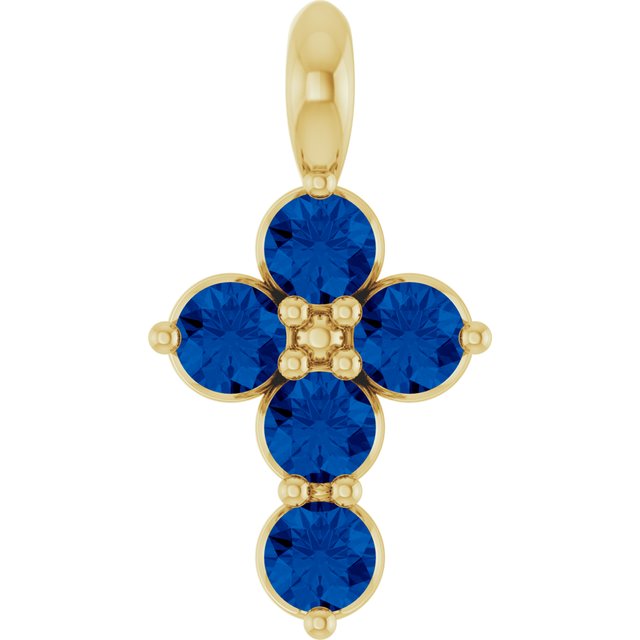 14K White Lab-Grown Blue Sapphire Cross Pendant