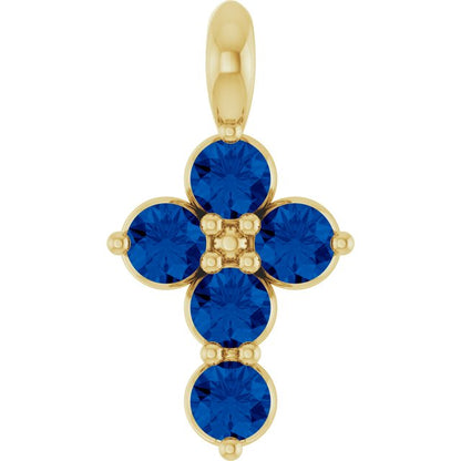 14K White Lab-Grown Blue Sapphire Cross Pendant
