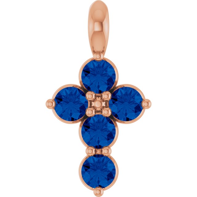 14K White Lab-Grown Blue Sapphire Cross Pendant