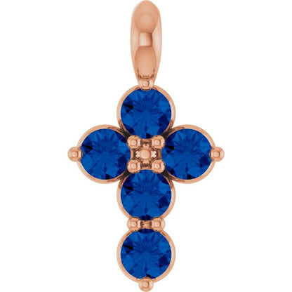 14K White Lab-Grown Blue Sapphire Cross Pendant
