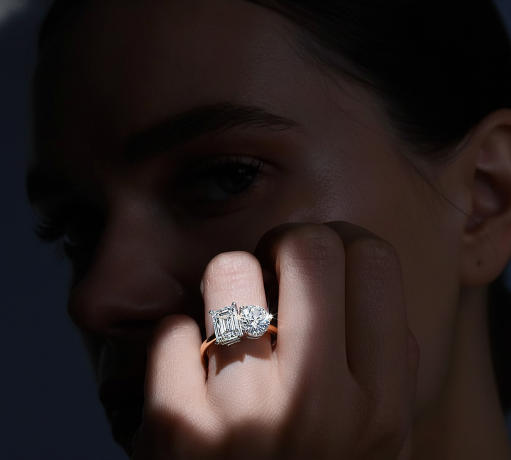 4.04 CT Emerald And Round Cut Lab Grown Diamond Cluster 10k Solid White Gold Two Stone Diamond Ring