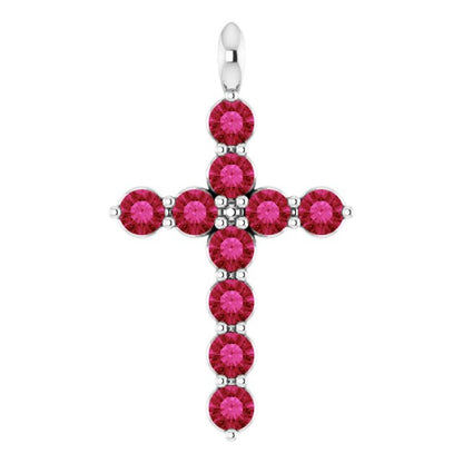 14K White Lab-Grown Ruby Cross Pendant