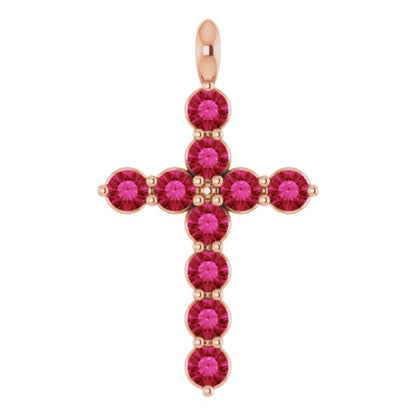 14K White Lab-Grown Ruby Cross Pendant