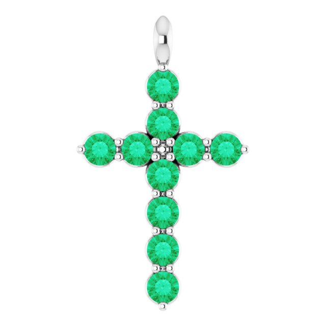 14K White Lab-Grown Emerald Cross Pendant