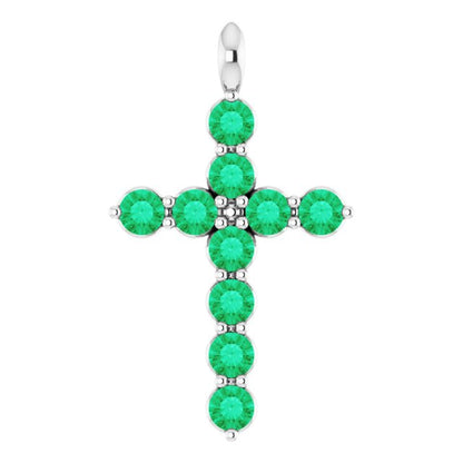14K White Lab-Grown Emerald Cross Pendant