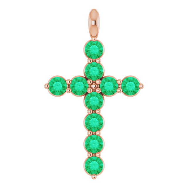14K White Lab-Grown Emerald Cross Pendant
