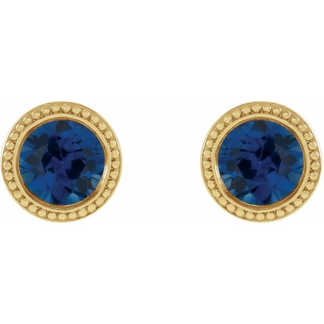 14K Yellow Lab-Grown Blue Sapphire Beaded Bezel-Set Earrings