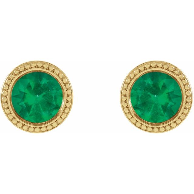 14K Yellow Lab-Grown Emerald Beaded Bezel-Set Earrings