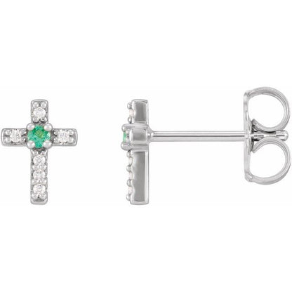 14K Rose Lab-Grown Emerald & .05 CTW Natural Diamond Cross Earrings