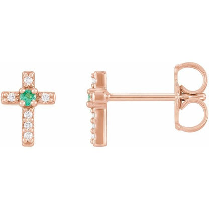 14K Rose Lab-Grown Emerald & .05 CTW Natural Diamond Cross Earrings