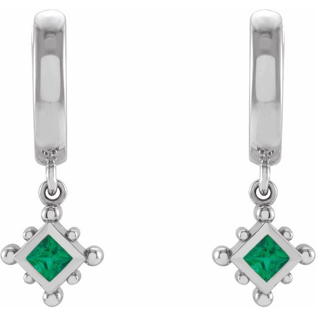 14K White Lab-Grown Emerald Beaded Bezel-Set Hoop Earrings