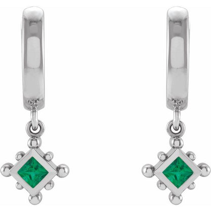 14K White Lab-Grown Emerald Beaded Bezel-Set Hoop Earrings