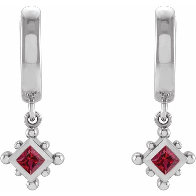 14K White Lab-Grown Ruby Beaded Bezel-Set Hoop Earrings