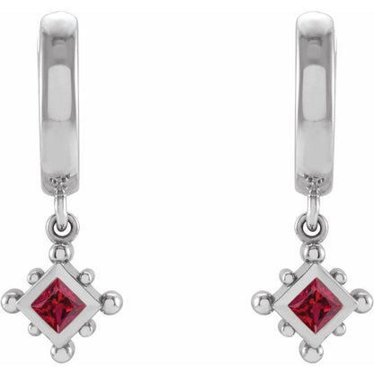 14K White Lab-Grown Ruby Beaded Bezel-Set Hoop Earrings