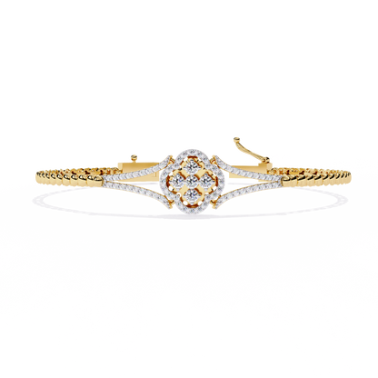 Round Cut Natural Diamond Elegant  Art Deco 10k Solid Yellow Gold Dainty Statement Cuff Bracelet For Women's