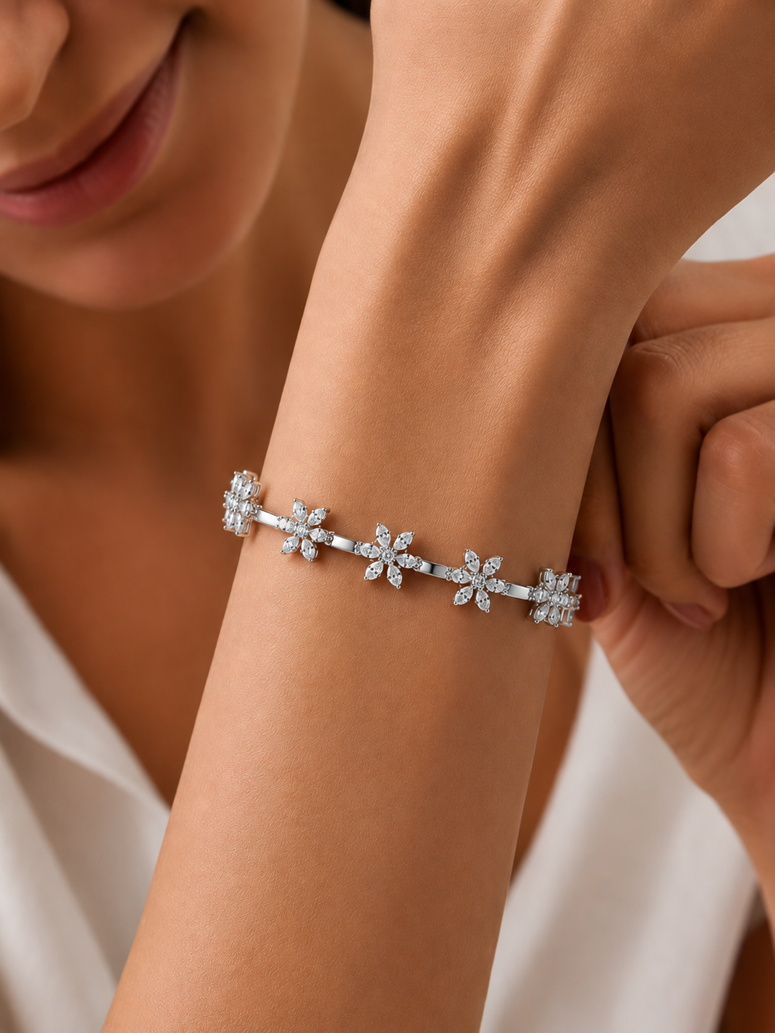 Round Cut Diamond Flower Shape Tennis Bracelet