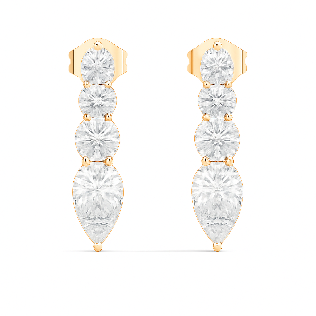 Handcrafted Gold Round Labgrown Diamond Strud Earrings Long Drop Style with Pear Cut Stones