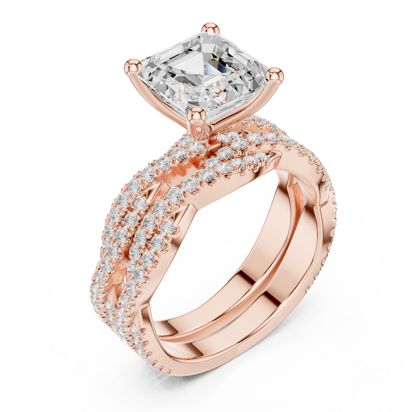 Asscher Cut  Lab Grown Diamond 14k Solid Gold  Wedding Bridal Set Hidden Halo Ring For women's