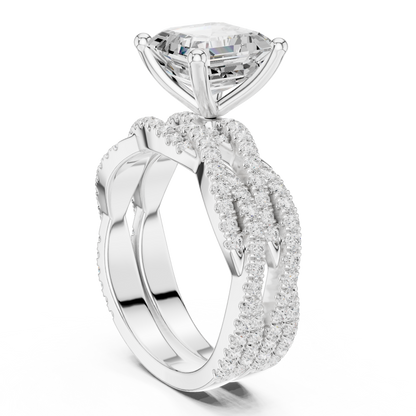 Asscher Cut  Lab Grown Diamond 14k Solid Gold  Wedding Bridal Set Hidden Halo Ring For women's