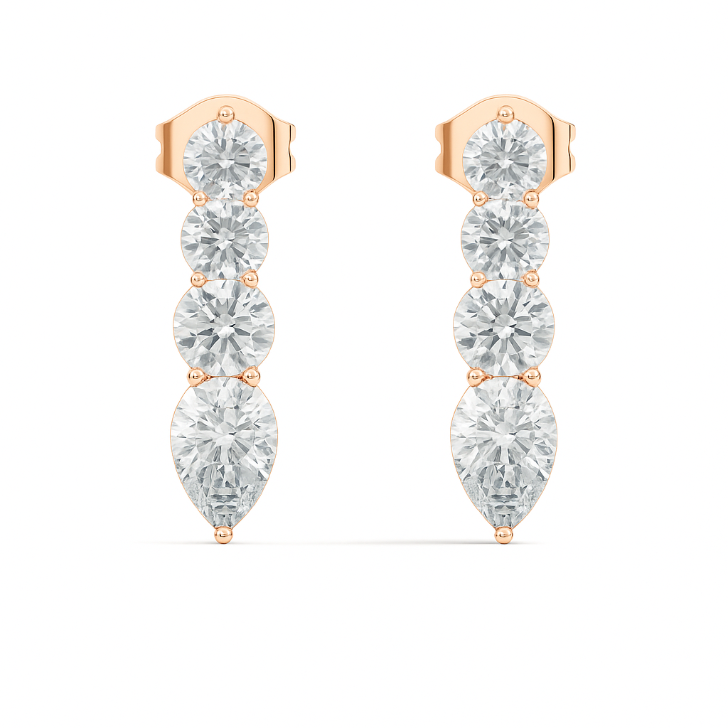 Handcrafted Gold Round Labgrown Diamond Strud Earrings Long Drop Style with Pear Cut Stones