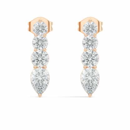 Handcrafted Gold Round Labgrown Diamond Strud Earrings Long Drop Style with Pear Cut Stones