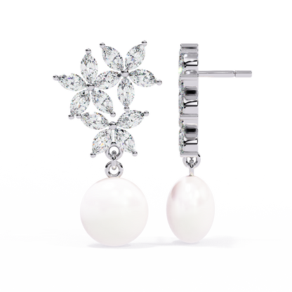 Marquise Cut Crystal Flower And Pearl 2.39Ct Diamond Stacking Prong Set Vintage Drop Earring For Gift