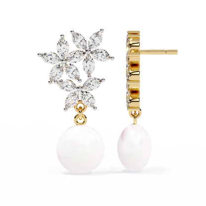 Marquise Cut Crystal Flower And Pearl 2.39Ct Diamond Stacking Prong Set Vintage Drop Earring For Gift