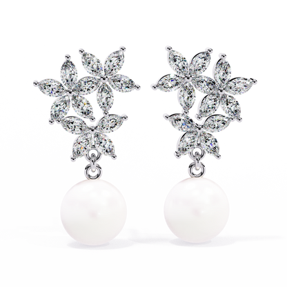 Marquise Cut Crystal Flower And Pearl 2.39Ct Diamond Stacking Prong Set Vintage Drop Earring For Gift