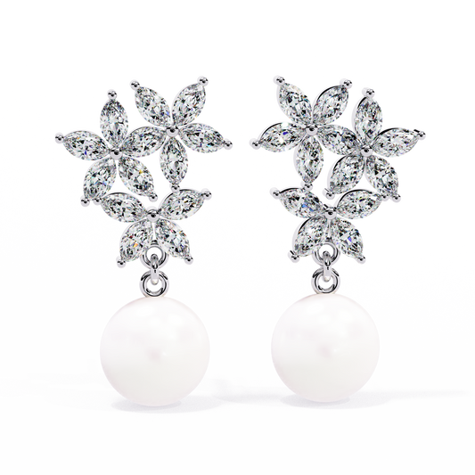 Marquise Cut Crystal Flower And Pearl 2.39Ct Diamond Stacking Prong Set Vintage Drop Earring For Gift