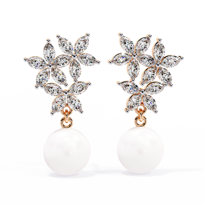 Marquise Cut Crystal Flower And Pearl 2.39Ct Diamond Stacking Prong Set Vintage Drop Earring For Gift