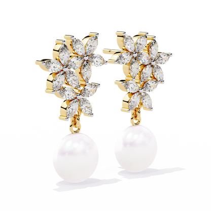 Marquise Cut Crystal Flower And Pearl 2.39Ct Diamond Stacking Prong Set Vintage Drop Earring For Gift