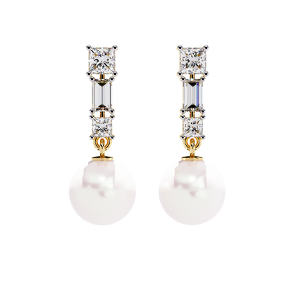Prong Set 2.08Ct Baguette And Princess Cut Diamond Pearls Minimalist Classic Bridal Drop Earring For Her