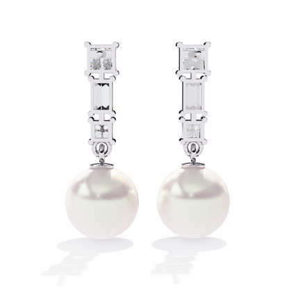 Prong Set 2.08Ct Baguette And Princess Cut Diamond Pearls Minimalist Classic Bridal Drop Earring For Her