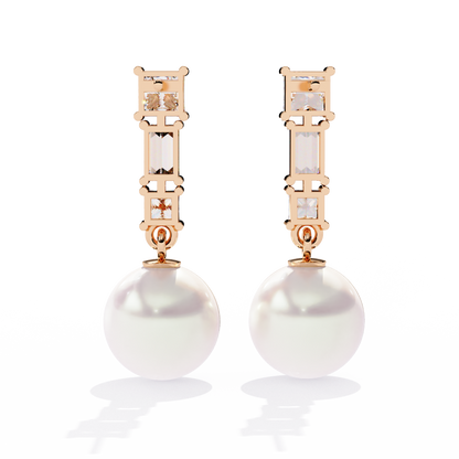 Prong Set 2.08Ct Baguette And Princess Cut Diamond Pearls Minimalist Classic Bridal Drop Earring For Her