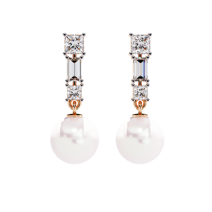 Prong Set 2.08Ct Baguette And Princess Cut Diamond Pearls Minimalist Classic Bridal Drop Earring For Her