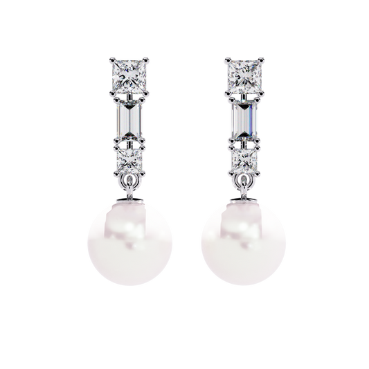 Prong Set 2.08Ct Baguette And Princess Cut Diamond Pearls Minimalist Classic Bridal Drop Earring For Her