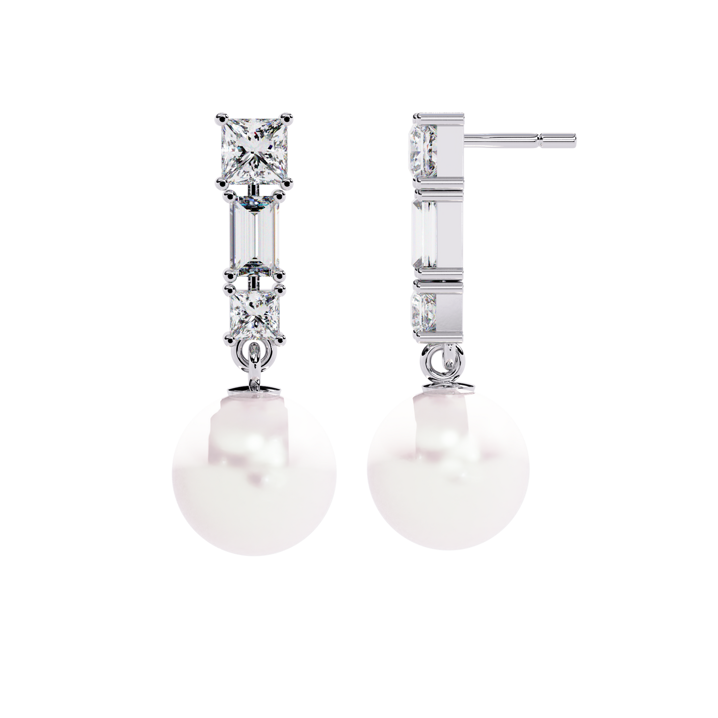 Prong Set 2.08Ct Baguette And Princess Cut Diamond Pearls Minimalist Classic Bridal Drop Earring For Her