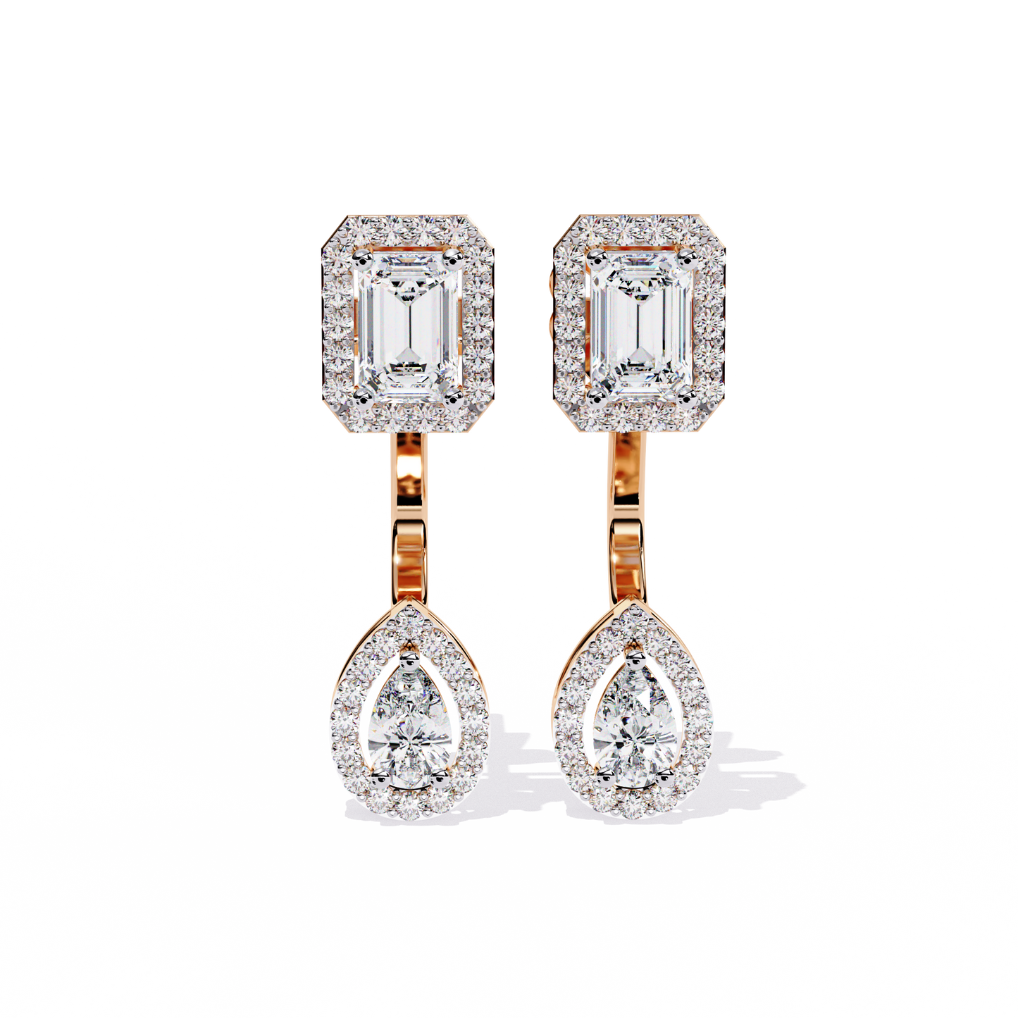 2.12ct Emerald, Pear And Round Cut High Quality Diamond Dainty Halo Style Minimalist Classic Wedding Wear Earring