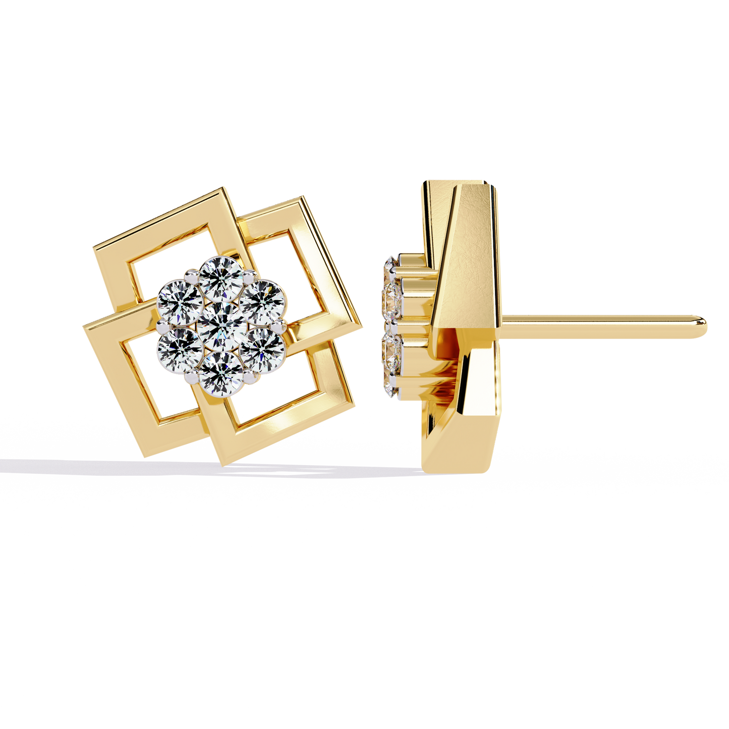 Round Cut Lab Grown Diamond Flower Shape 14K Solid Yellow Gold Antique Dainty Stud Earring For Eco Friendly Gift